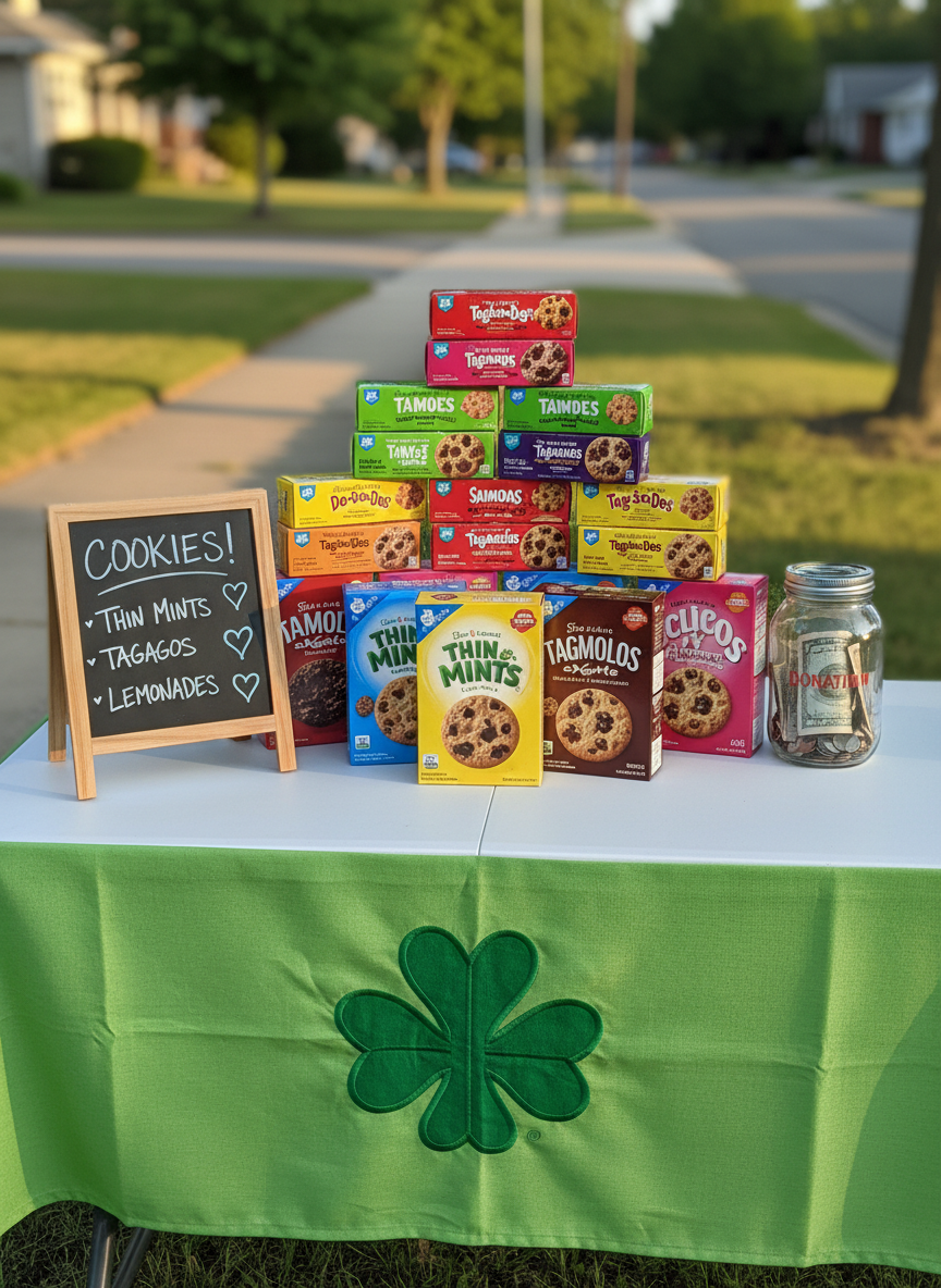 A close-up, mouthwatering view of a Girl Scout cookie booth display without any people, featuring neatly stacked colorful cookie boxes arranged in cheerful pyramids on a folding table covered in a bright green tablecloth with a large trefoil emblem. A small chalkboard sign with hand-drawn hearts and cookie names stands upright, and a clear donation jar with a few visible bills and coins sits nearby. Golden late-afternoon sunlight washes across the table from the side, making the box colors pop and casting soft, elongated shadows. Photographic realism with a slightly elevated angle and shallow depth of field keeps the focus on the cookies, while the background softly blurs into a hint of a suburban sidewalk and trees, creating a fun, bustling, community-centered atmosphere.