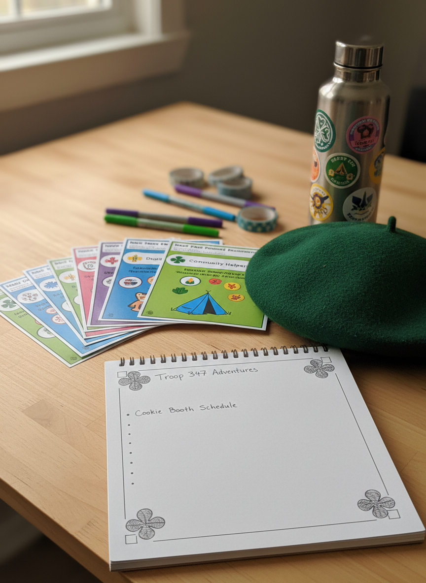 A cozy troop meeting scene suggested through objects: an open spiral notebook with doodled trefoils and neatly written plans, a stack of colorful merit badge worksheets, and a well-loved green felt beret resting beside a reusable water bottle covered in troop-themed stickers. Everything sits on a light maple table scattered with a few gel pens and washi tape. Soft overhead lighting and faint window daylight combine to create even, comfortable illumination, with subtle shadows beneath each object. Captured at eye level in photographic realism, with a gentle blur to the far edges, the mood is playful, organized, and collaborative, perfect for representing the heart of a Girl Scout troop site.